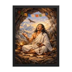 Milarepa in Himalayan cave singing framed print on a plain backdrop in size 18"x24".
