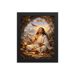 Milarepa in Himalayan cave singing framed print on a plain backdrop in size 8"x10".