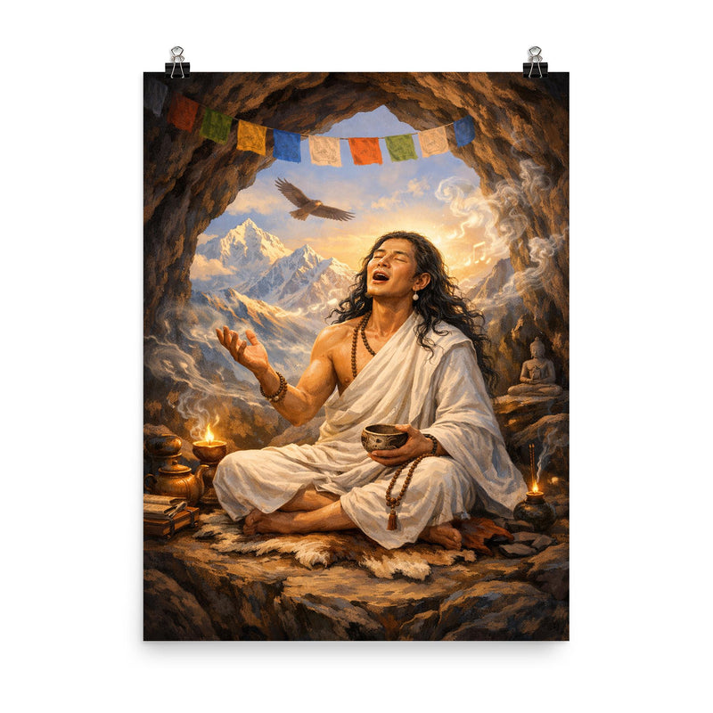 Milarepa in Himalayan cave singing poster on a plain backdrop in size 8