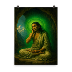 Milarepa in Himalayan cave with green aura poster on a plain backdrop in size 8"x10".