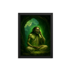 Milarepa in Himalayan cave with green glow framed print on a plain backdrop in size 12"x16".