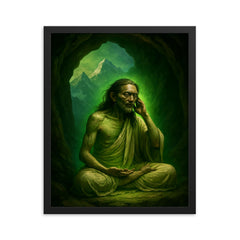 Milarepa in Himalayan cave with green glow framed print on a plain backdrop in size 16"x20".