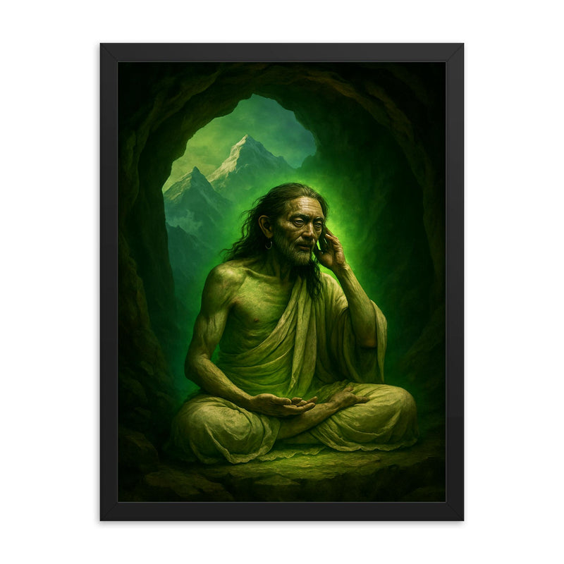 Milarepa in Himalayan cave with green glow framed print on a plain backdrop in size 18