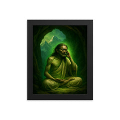 Milarepa in Himalayan cave with green glow framed print on a plain backdrop in size 8"x10".