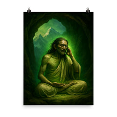 Milarepa in Himalayan cave with green glow poster on a plain backdrop in size 8"x10".