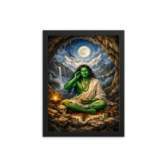 Milarepa in mountain cave emerald skin framed print on a plain backdrop in size 12"x16".