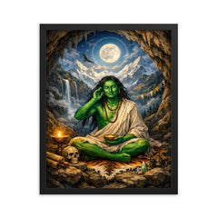 Milarepa in mountain cave emerald skin framed print on a plain backdrop in size 16"x20".