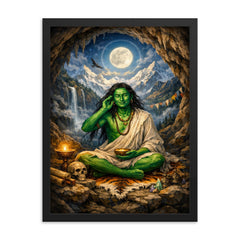 Milarepa in mountain cave emerald skin framed print on a plain backdrop in size 18"x24".