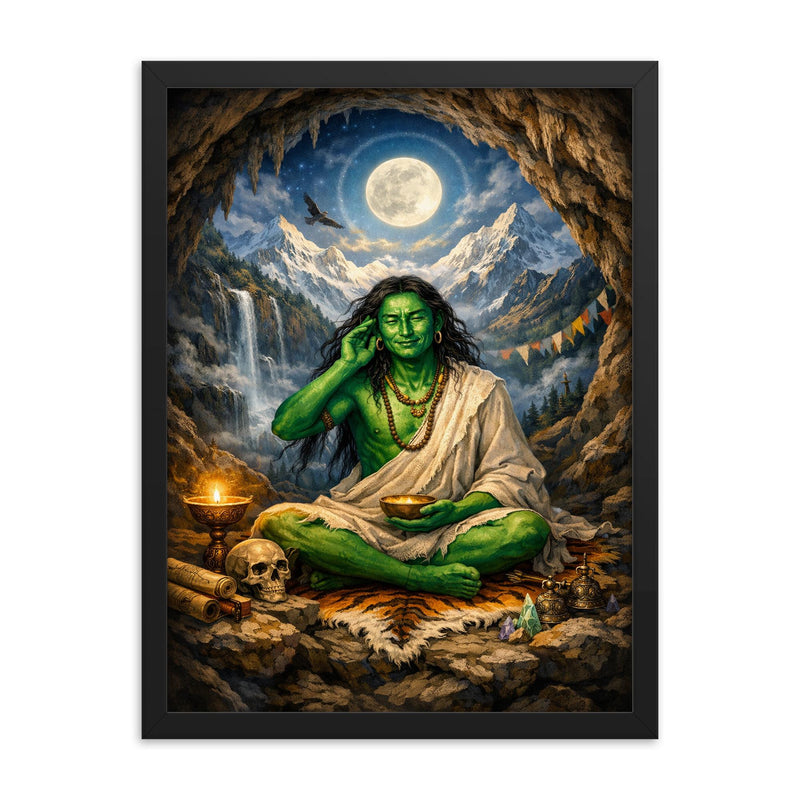 Milarepa in mountain cave emerald skin framed print on a plain backdrop in size 18