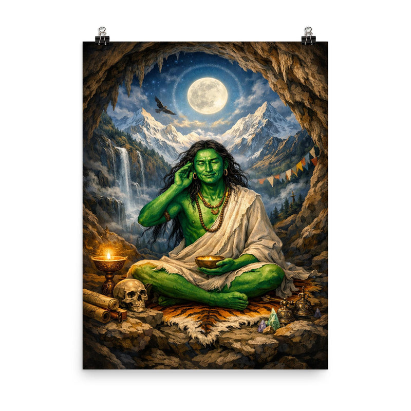 Milarepa in mountain cave emerald skin poster on a plain backdrop in size 8