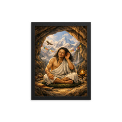 Milarepa in mountain cave hand to ear framed print on a plain backdrop in size 12"x16".