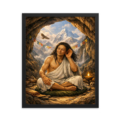 Milarepa in mountain cave hand to ear framed print on a plain backdrop in size 16"x20".