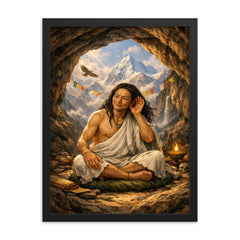 Milarepa in mountain cave hand to ear framed print on a plain backdrop in size 18"x24".