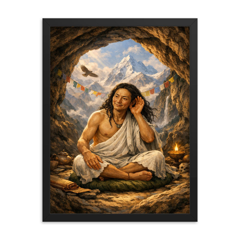 Milarepa in mountain cave hand to ear framed print on a plain backdrop in size 18