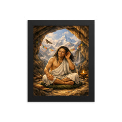 Milarepa in mountain cave hand to ear framed print on a plain backdrop in size 8"x10".