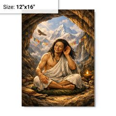 Milarepa in mountain cave hand to ear metal print on a plain backdrop in size 12"x16".
