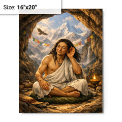 Milarepa in mountain cave hand to ear metal print on a plain backdrop in size 16"x20".