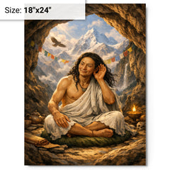 Milarepa in mountain cave hand to ear metal print on a plain backdrop in size 18"x24".