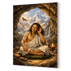 Milarepa in mountain cave hand to ear metal print mockup