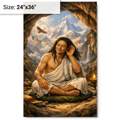 Milarepa in mountain cave hand to ear metal print on a plain backdrop in size 24"x36".
