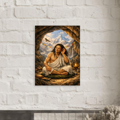 Milarepa in mountain cave hand to ear metal print mockup