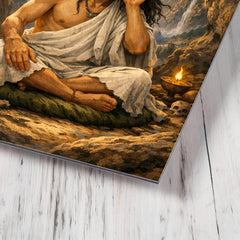 Milarepa in mountain cave hand to ear metal print mockup