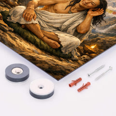 Milarepa in mountain cave hand to ear metal print mockup