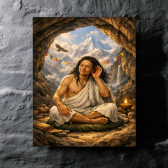 Milarepa in mountain cave hand to ear metal print mockup