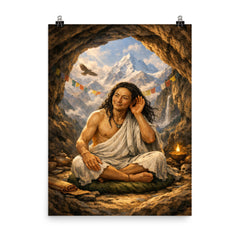 Milarepa in mountain cave hand to ear poster on a plain backdrop in size 8"x10".