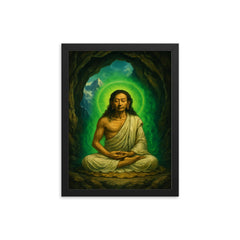 Milarepa in mountain cave with green aura framed print on a plain backdrop in size 12"x16".