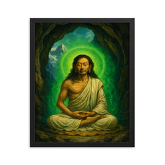 Milarepa in mountain cave with green aura framed print on a plain backdrop in size 16"x20".