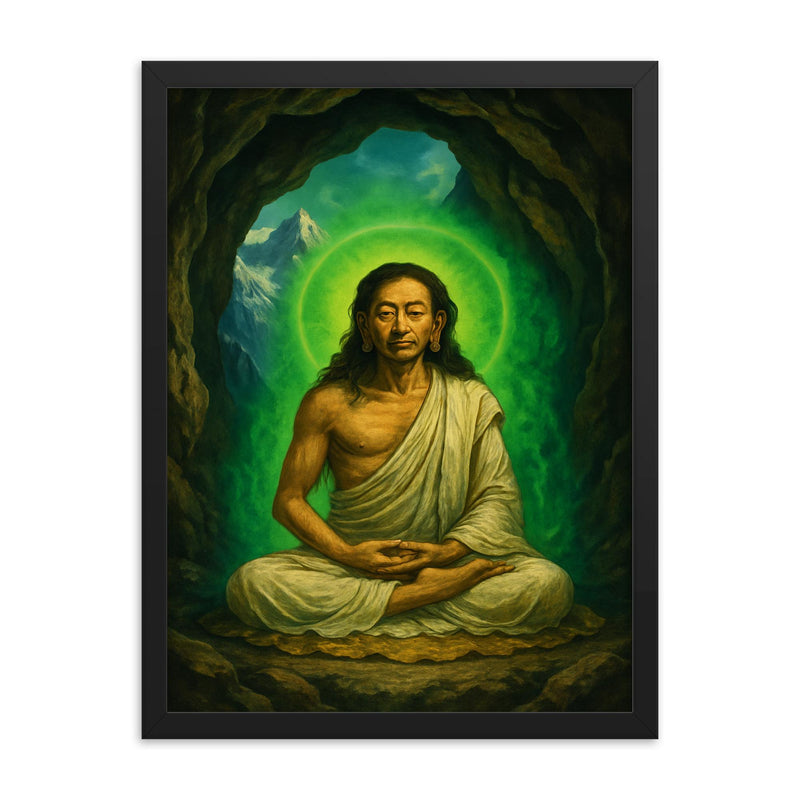 Milarepa in mountain cave with green aura framed print on a plain backdrop in size 18