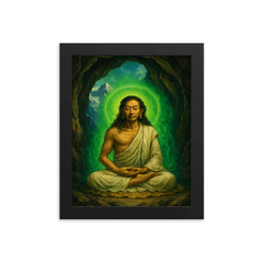 Milarepa in mountain cave with green aura framed print on a plain backdrop in size 8"x10".