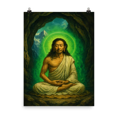 Milarepa in mountain cave with green aura poster on a plain backdrop in size 8"x10".