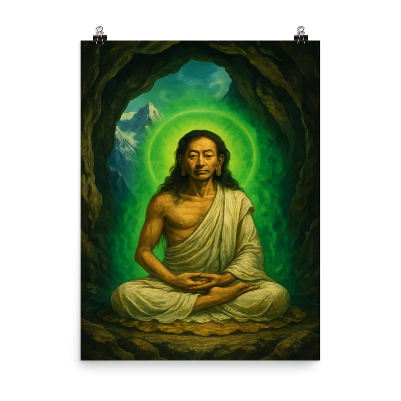 Milarepa in mountain cave with green aura poster on a plain backdrop in size 8
