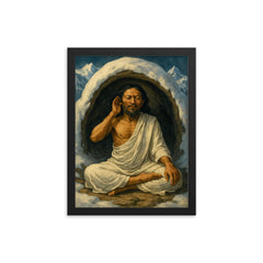 Milarepa in snow cave wearing white cotton framed print on a plain backdrop in size 12"x16".