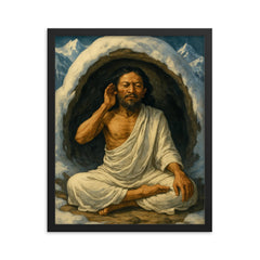 Milarepa in snow cave wearing white cotton framed print on a plain backdrop in size 16"x20".