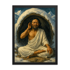 Milarepa in snow cave wearing white cotton framed print on a plain backdrop in size 18"x24".