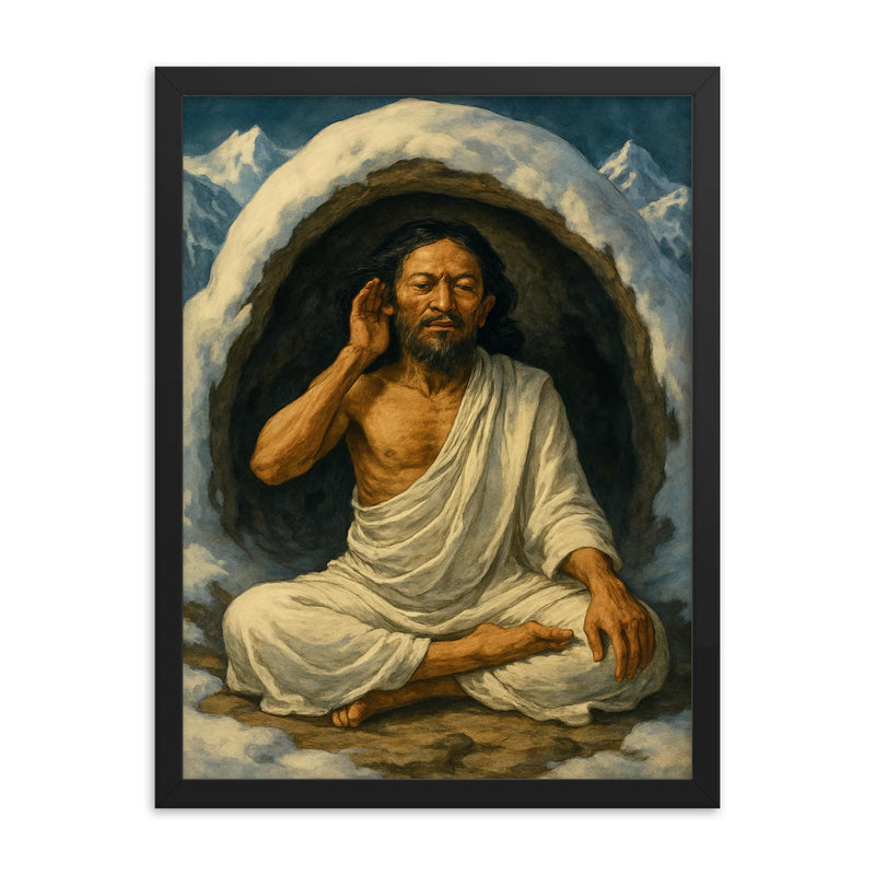 Milarepa in snow cave wearing white cotton framed print on a plain backdrop in size 18
