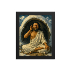 Milarepa in snow cave wearing white cotton framed print on a plain backdrop in size 8"x10".