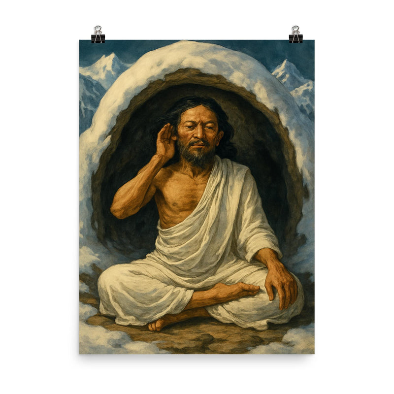 Milarepa in snow cave wearing white cotton poster on a plain backdrop in size 8