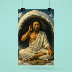 Milarepa in snow cave wearing white cotton poster 6