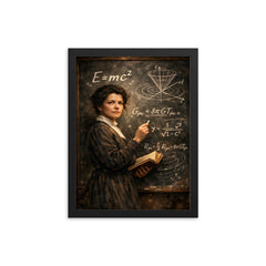 Mileva Maric at blackboard of relativistic symbols framed print on a plain backdrop in size 12"x16".