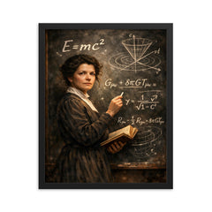 Mileva Maric at blackboard of relativistic symbols framed print on a plain backdrop in size 16"x20".