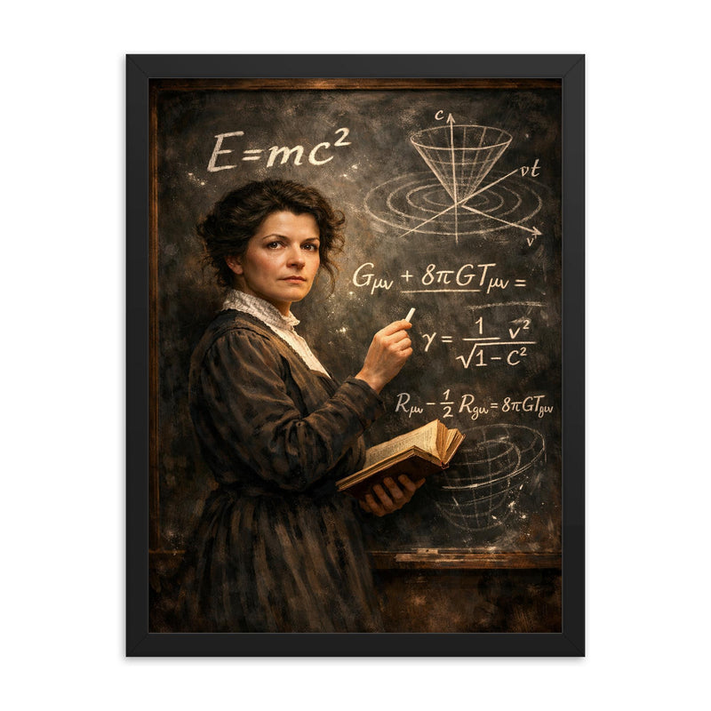Mileva Maric at blackboard of relativistic symbols framed print on a plain backdrop in size 18