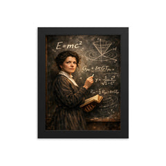 Mileva Maric at blackboard of relativistic symbols framed print on a plain backdrop in size 8"x10".