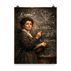 Mileva Maric at blackboard of relativistic symbols poster on a plain backdrop in size 8"x10".
