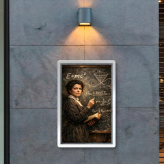 Mileva Maric at blackboard of relativistic symbols poster 2