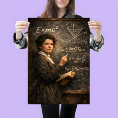 Mileva Maric at blackboard of relativistic symbols poster 3