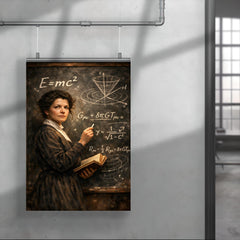 Mileva Maric at blackboard of relativistic symbols poster 4